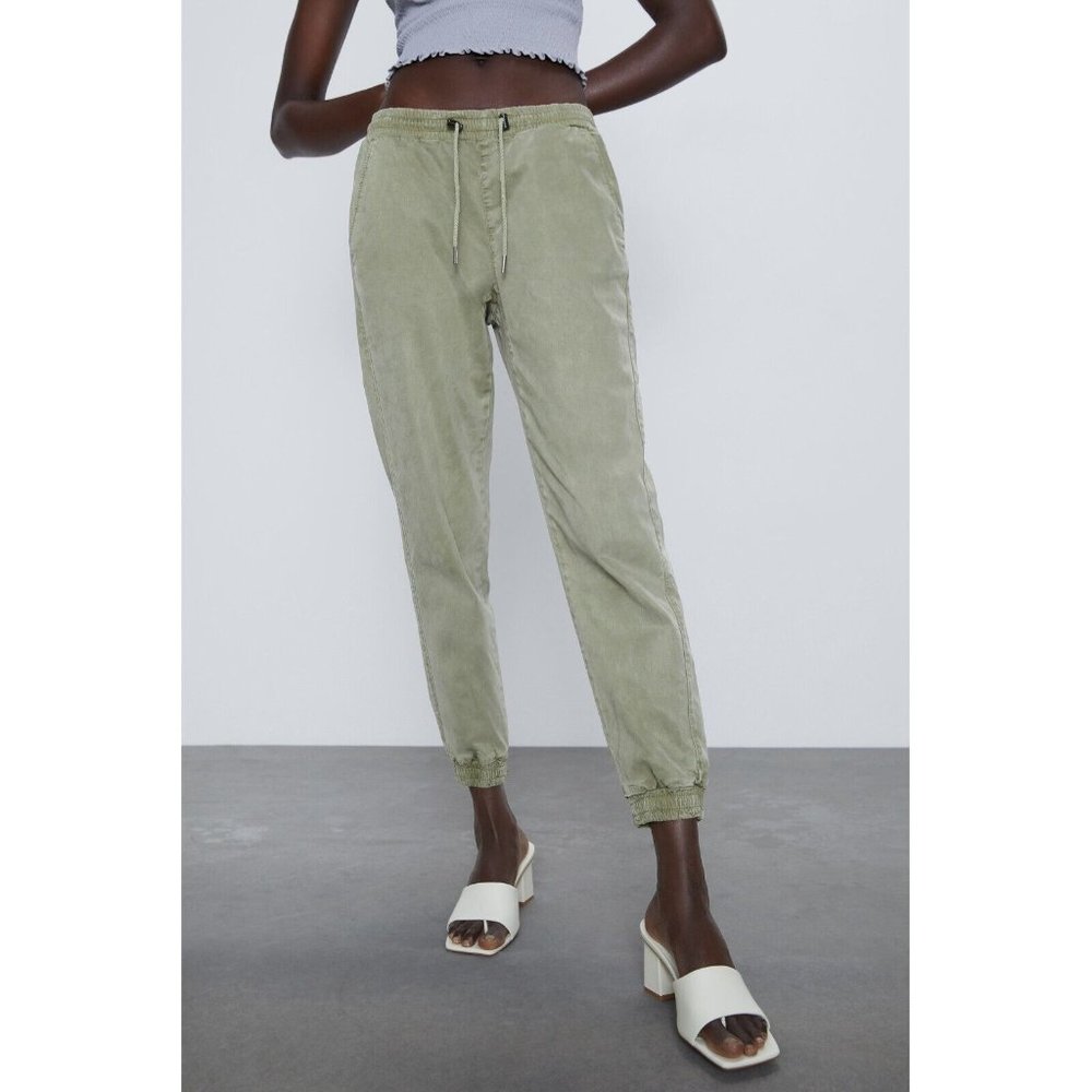 ZARA Women's Size Medium Khaki Pull-On Drawstring Tapered Leg Jogging Pants M